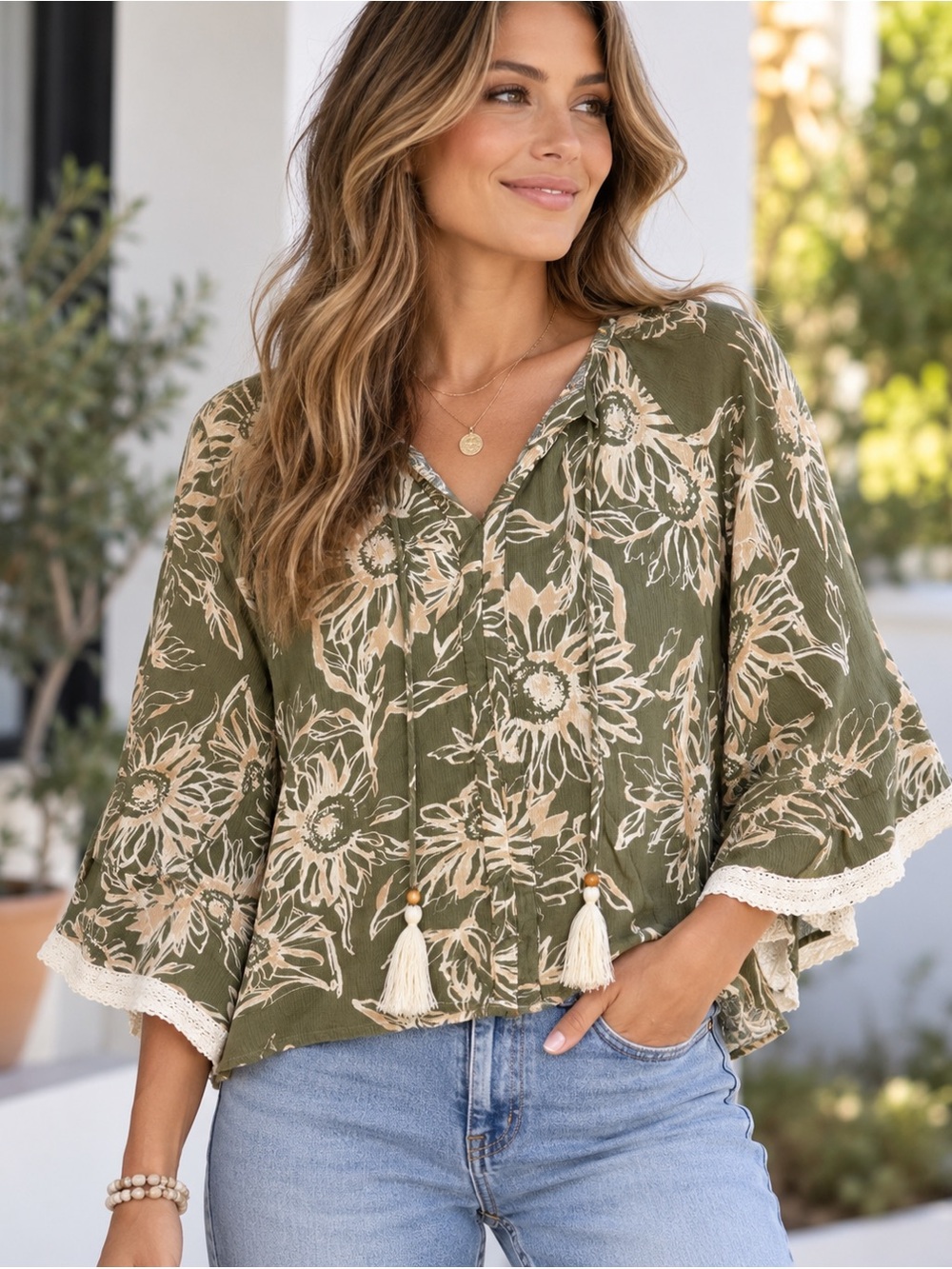 ODDI Los Angeles Boho Floral Bell Sleeve Tassel Blouse Size L
